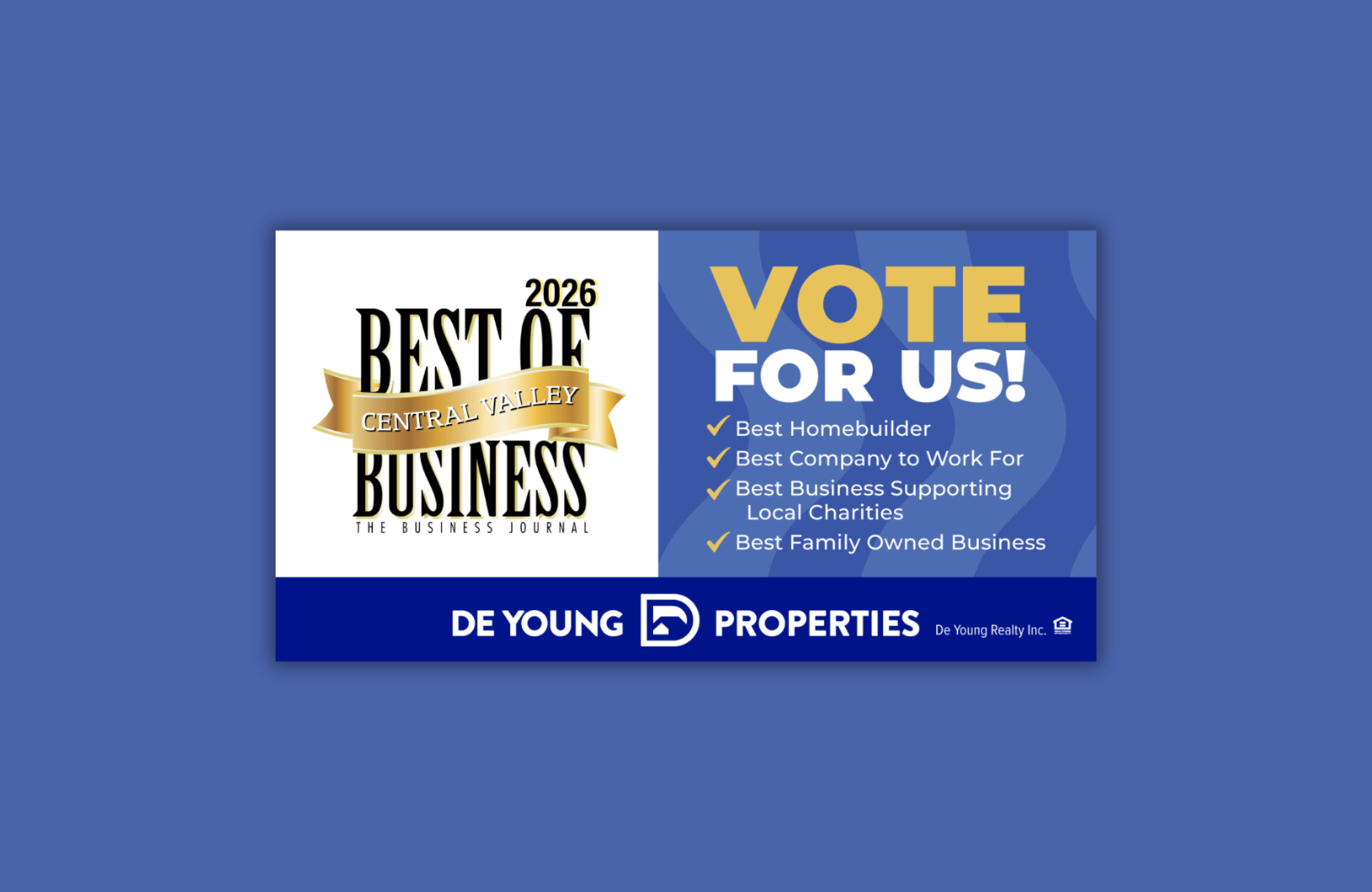 Last Chance! Vote for De Young Properties Before October 31