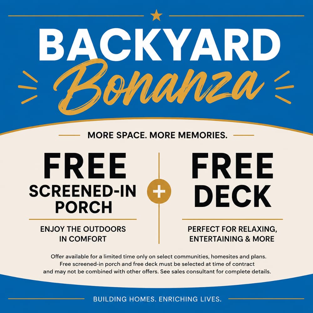 Backyard Bonanza promotion offering a free screened-in porch plus a free deck for more outdoor living space