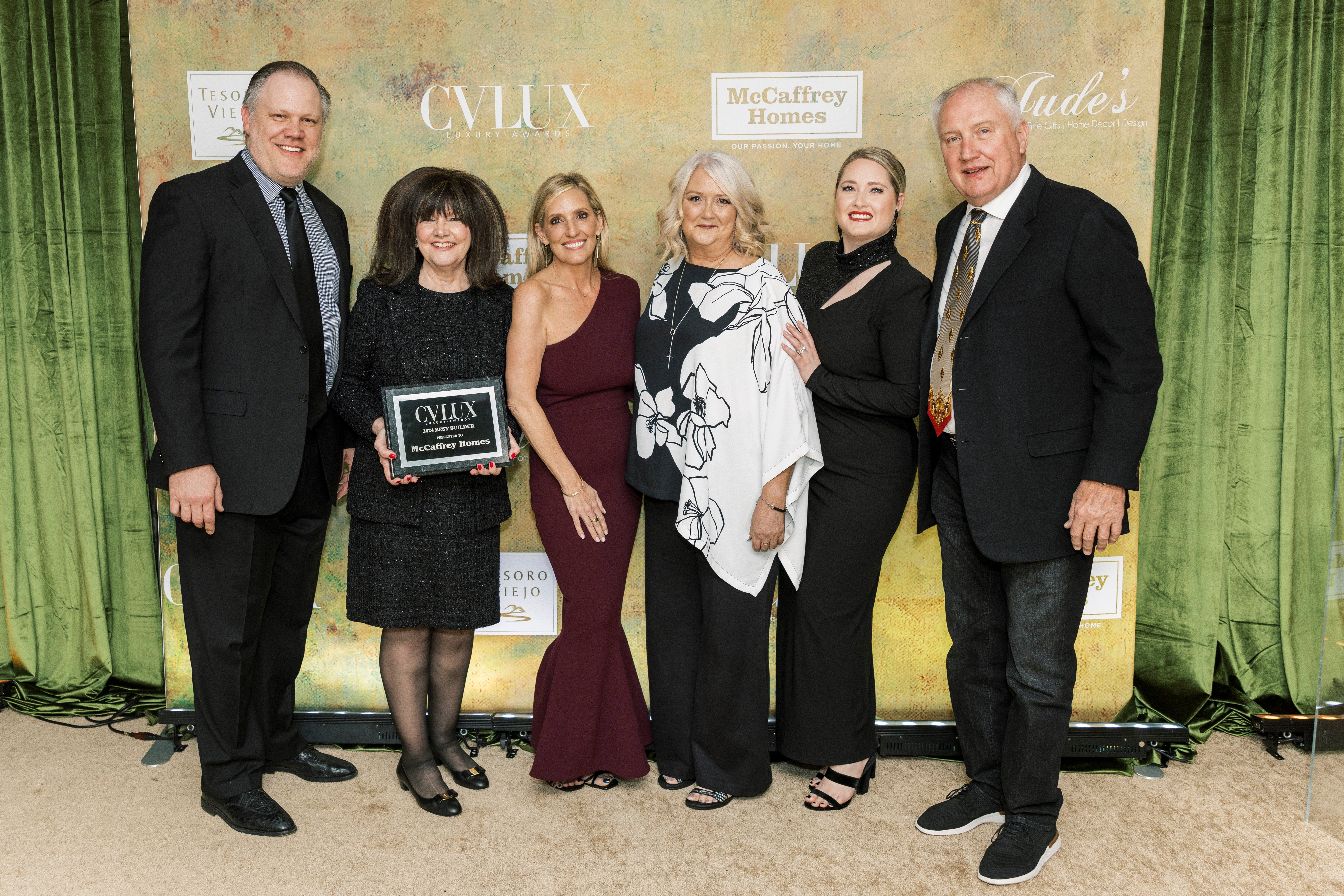 McCaffrey Homes was honored for the fifth time as Best Homebuilder in CVLUX’s Awards, From Left, Brent McCaffrey, Karen McCaffrey, Shelle Hartmann, Pam Rudd, Allison Georgeson, Bob McCaffrey