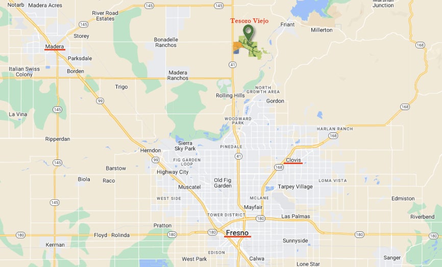 Area Map to Tesoro Viejo from Madera, Fresno, and Clovis