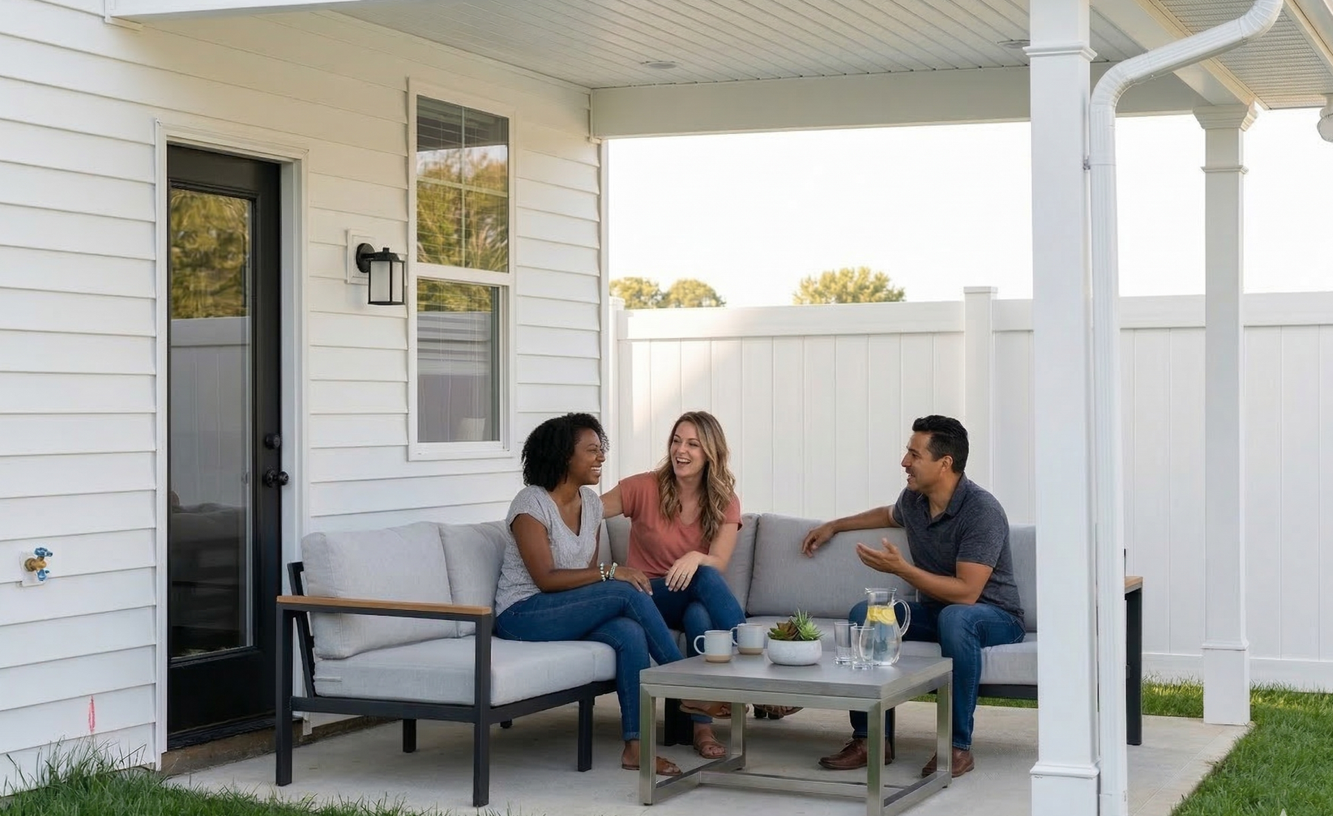 Friends enjoying patio furniture on a Legacy South covered porch