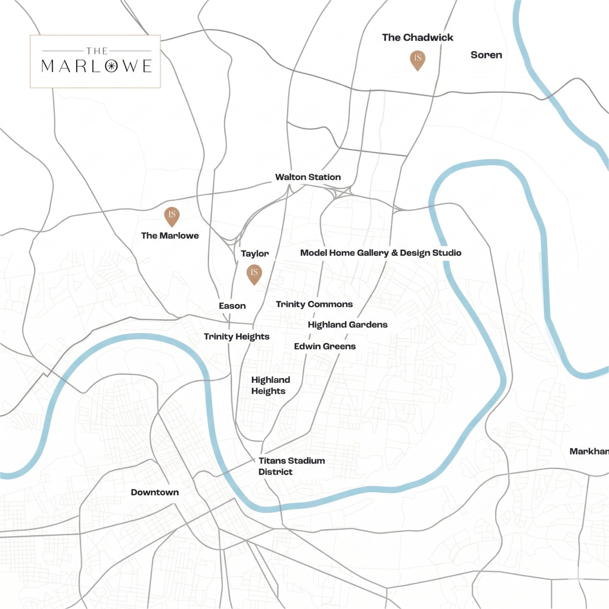 Map showing The Marlowe, Taylor, and The Chadwick locations near Nashville