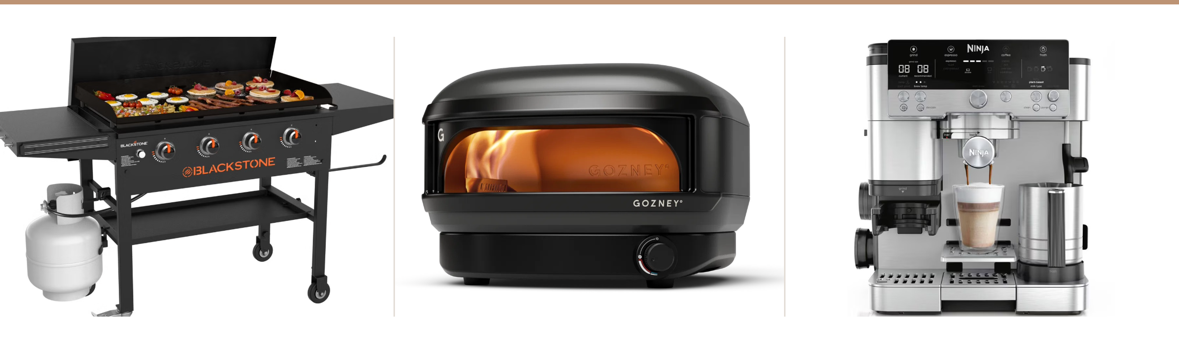 A Blackstone griddle, a Gozney pizza oven, and a Ninja espresso machine